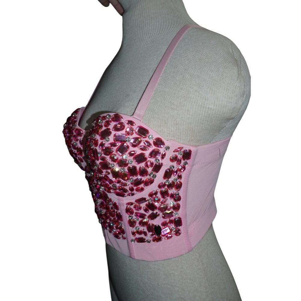 Y2K Pink Rhinestone Corset Bustier Top | Festival Coachella Clubwear S - Picture 9 of 10
